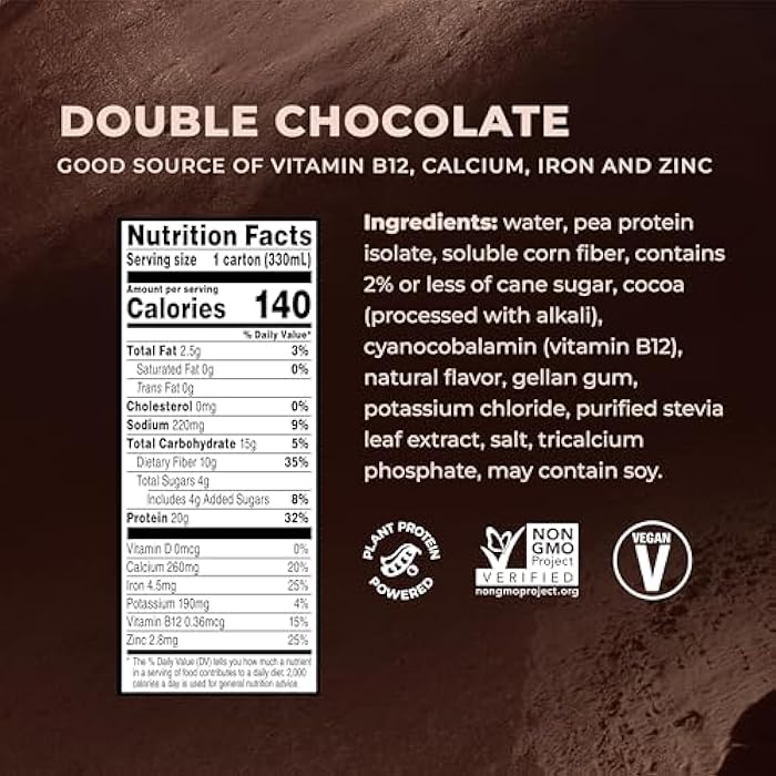 Evolve Plant Based Protein Shake, Double Chocolate, 20g Vegan Protein, Dairy Free, No Artificial Sweeteners, Non-GMO, 10g Fiber, 11 Fl Oz (Pack of 12) - (Formula May Vary) - Image 4