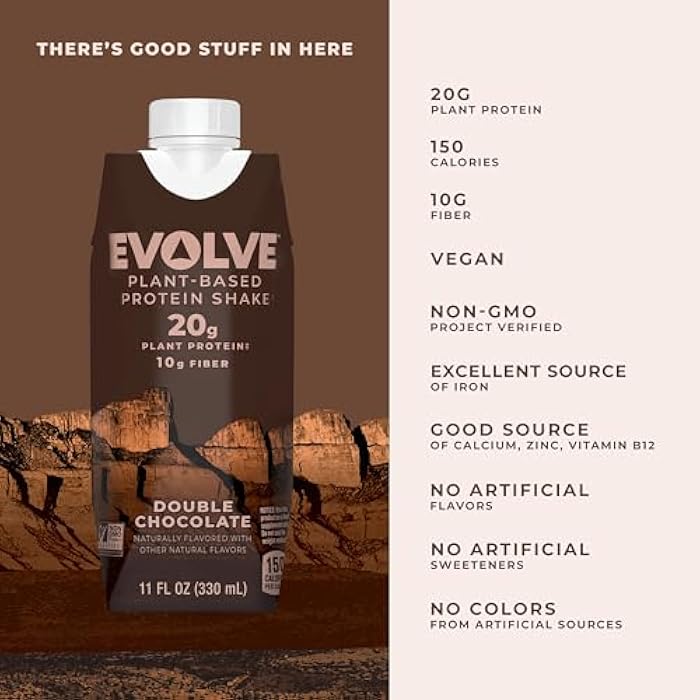 Evolve Plant Based Protein Shake, Double Chocolate, 20g Vegan Protein, Dairy Free, No Artificial Sweeteners, Non-GMO, 10g Fiber, 11 Fl Oz (Pack of 12) - (Formula May Vary) - Image 2