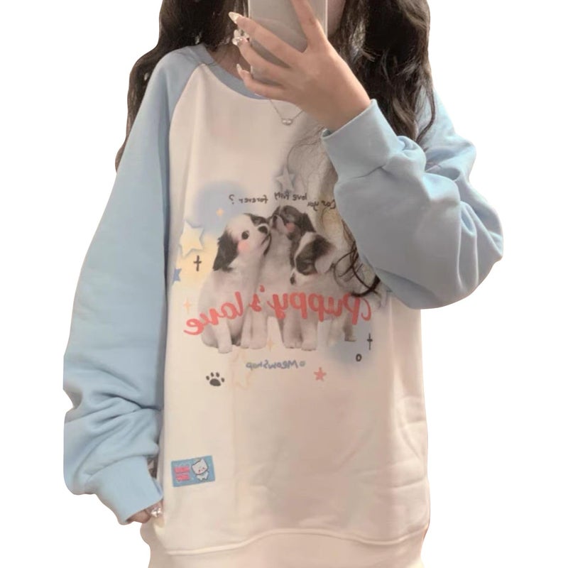 OATSBAS Y2K Cute Sweatshirts for Women Teen Girls Animal Print Long Sleeve Preppy Sweatshirt Kawaii Clothes (Medium,Blue) - Image 1