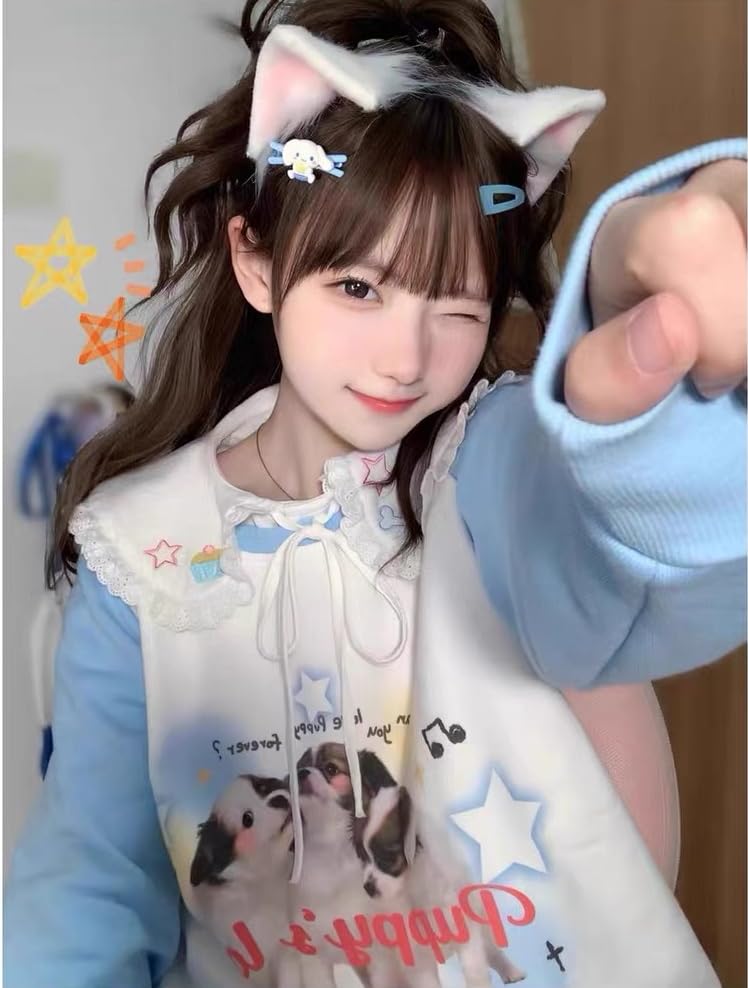 OATSBAS Y2K Cute Sweatshirts for Women Teen Girls Animal Print Long Sleeve Preppy Sweatshirt Kawaii Clothes (Medium,Blue) - Image 2