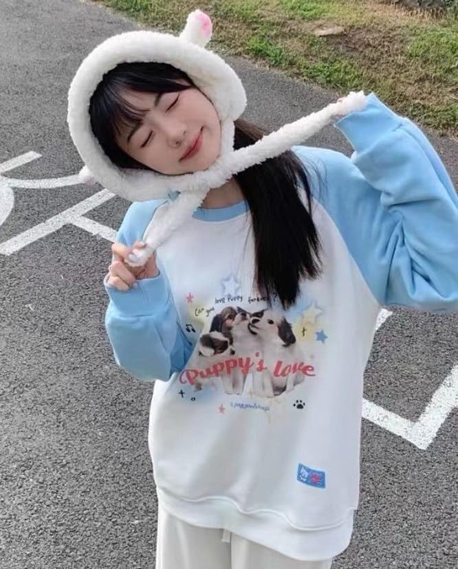 OATSBAS Y2K Cute Sweatshirts for Women Teen Girls Animal Print Long Sleeve Preppy Sweatshirt Kawaii Clothes (Medium,Blue) - Image 3