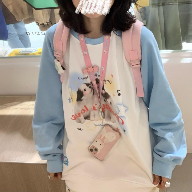 OATSBAS Y2K Cute Sweatshirts for Women Teen Girls Animal Print Long Sleeve Preppy Sweatshirt Kawaii Clothes (Medium,Blue) - Image 5