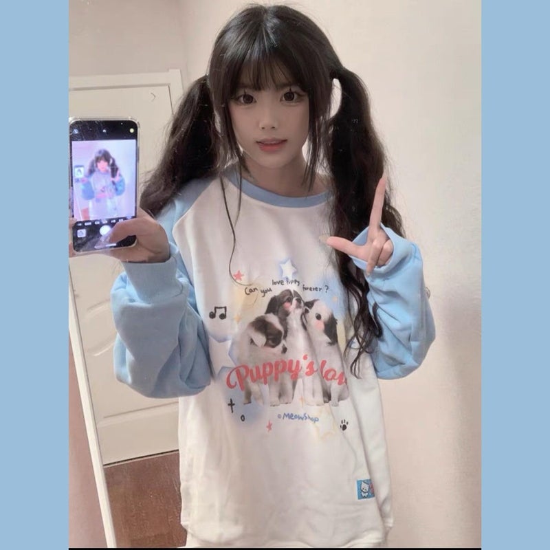OATSBAS Y2K Cute Sweatshirts for Women Teen Girls Animal Print Long Sleeve Preppy Sweatshirt Kawaii Clothes (Medium,Blue) - Image 4