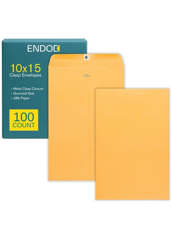 EnDoc 10 x 15 Clasp Envelopes - Brown Kraft Catalog Mailing Gummed Seal Envelope - 28lb Heavyweight 10x15 Inches Manila Envelopes for Home, Office, Business, Legal or School - 100 Pack - Image 1