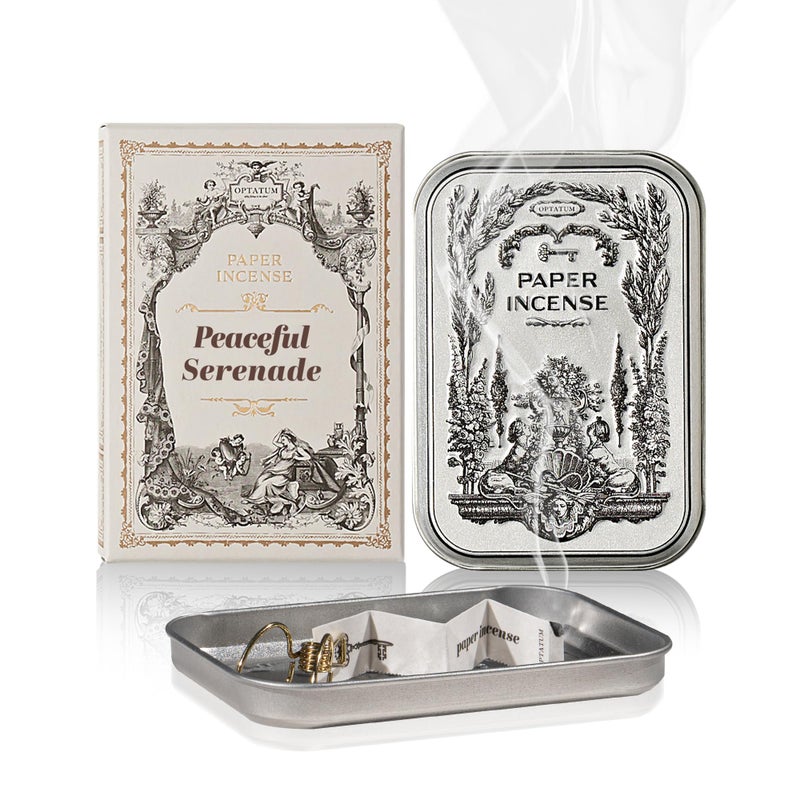 OPTATUM Paper Incense - 48pcs with Vintage Tin Case, Burning Papers Infused with Natural Essential Oils, Quick Usage & Long-Lasting Fragrance, Eliminating Bathroom, Kitchen, Pet Odors - Peaceful Serenade - Image 1