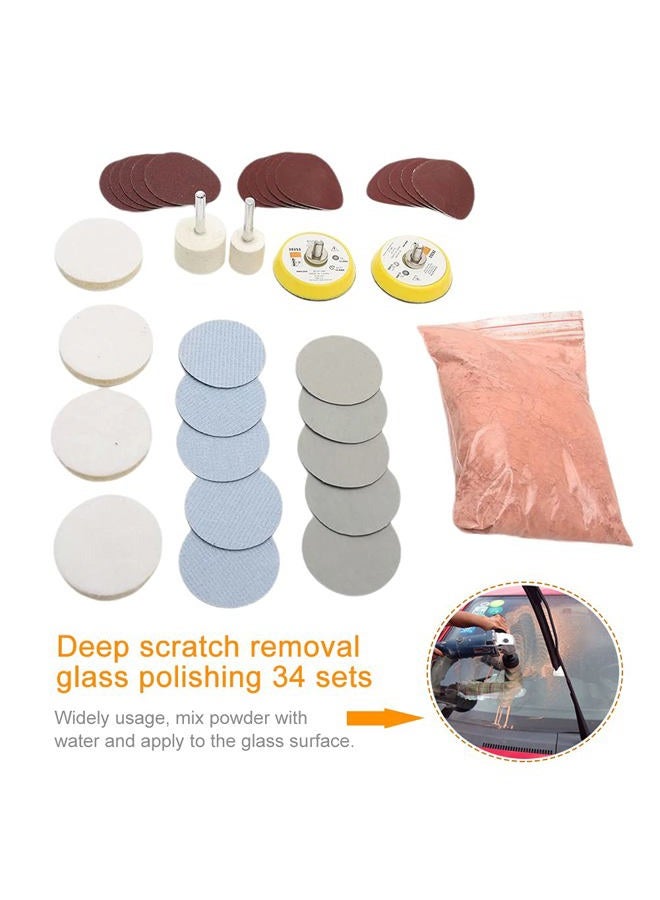 Tookie Glass Polishing Kit, 34Pcs/Set Multifunctional Scratch Remover Window Repair Tool, Cerium Oxide Polishing Powder Polishing Pad and Wheel for Windscreen and Glass - Image 2