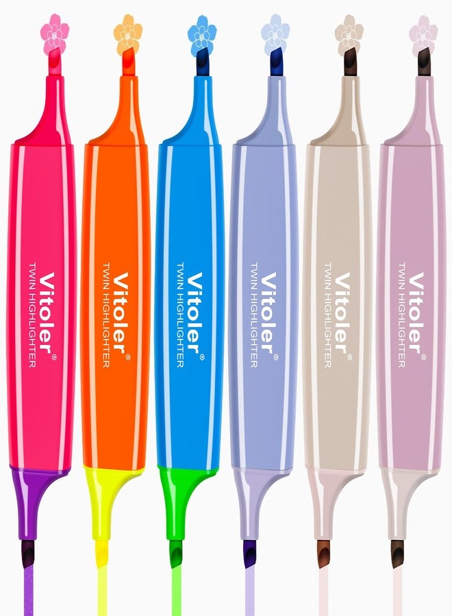 Vitoler 6 Pcs Highlighters Aesthetic Bible Highlighters,12 Assorted Colors Pastel Highlighter, 2 in 1 Dual Tip Bible Highlighter No Bleed,Chisel Tip Marker Pens for Office Supplies - Image 1