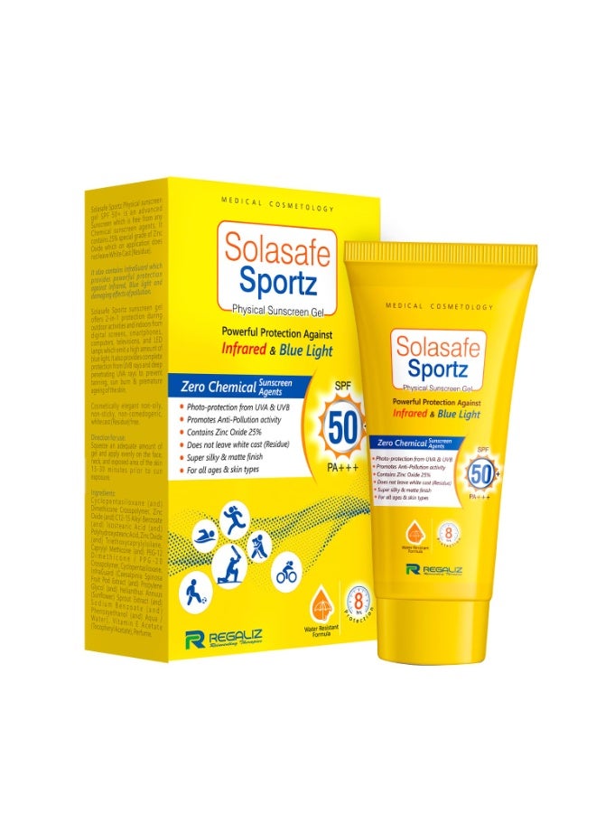 Regaliz Sunscreen For All Skin Type Sportz Physical (Zero Chemical) Sunscreen For Skin Type Gel: Advanced Spf 50+ Protection Against Uv, Blue Light And Pollution 50 g - Image 1