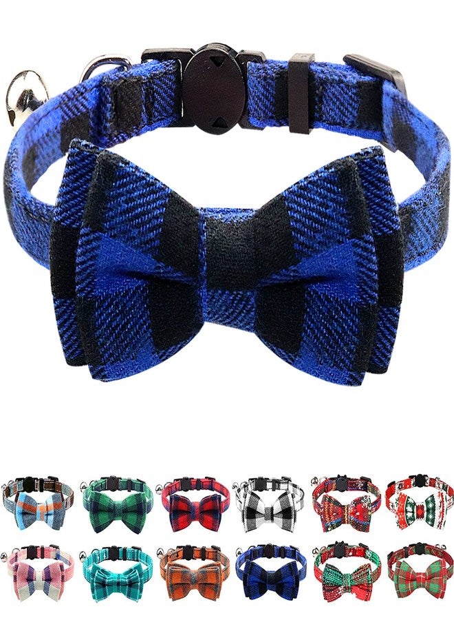 Joytale Upgraded Cat Collar with Bells, Breakaway Cat Collars with Bow Tie, 1 Pack Girl Boy Safety Plaid Kitten Collars, Blue - Image 1