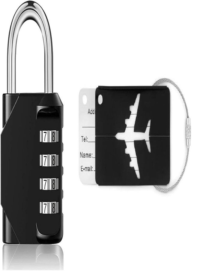ARLICODECK 4 Digit Combination Lock, Resettable Padlock Long Shackle Luggage Lock with Luggage Tags Aluminum Alloy Luggage Tag (Black Color) - Image 1