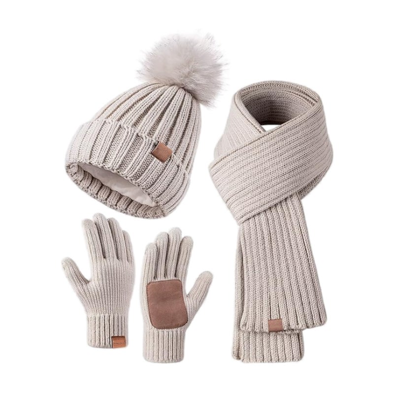 Knitted Beanie Scarf Gloves Set for Women Kids Beige with leather palms and no logo