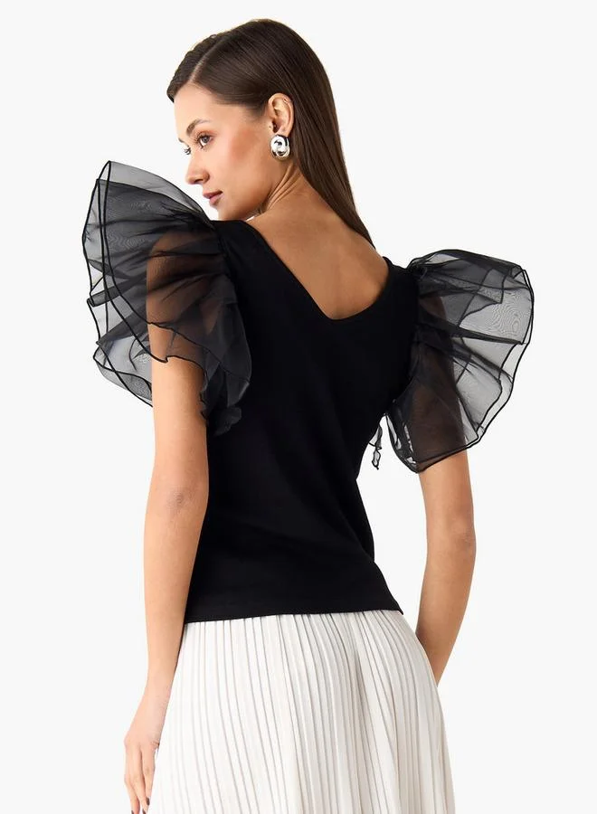 2Xtremz 2Xtremz Textured V-neck Top with Layered Sleeves