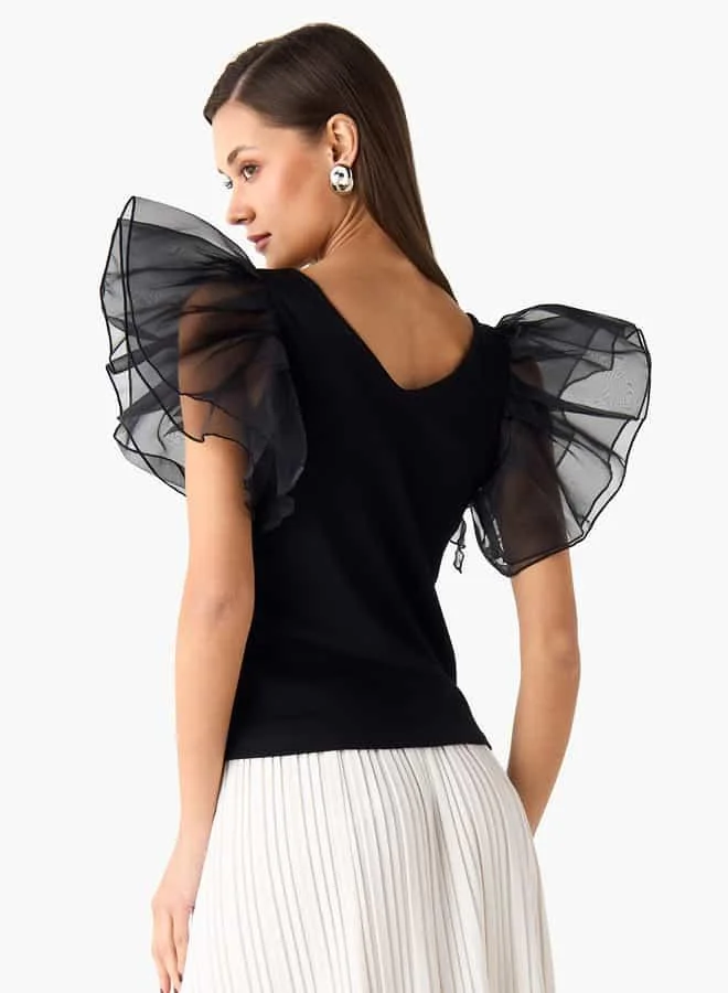 2Xtremz 2Xtremz Textured V-neck Top with Layered Sleeves