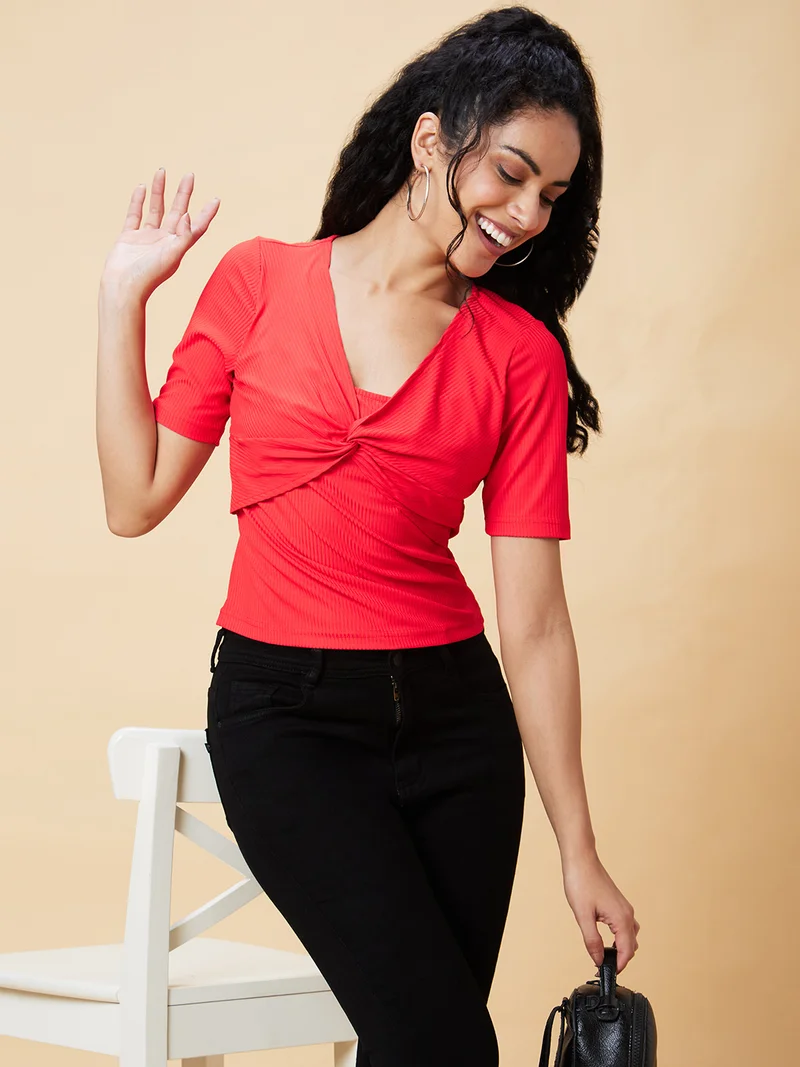 Women Red V-Neck Fitted Top