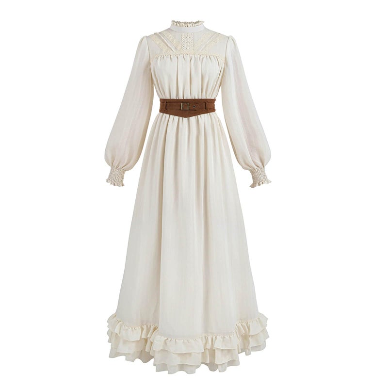 Nuoqi Victorian Dress Women 1800s Edwardian Costume Long Sleeve Renaissance Gown with Corset Belt, Off White, XXL - Image 1