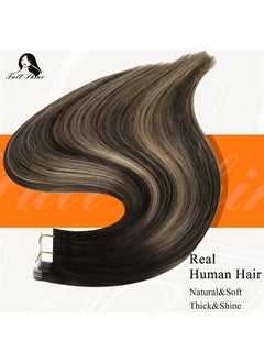 Fshine Full Shine Tape in Human Hair Extensions Blonde Highlighted on Black Hair 18inch Black Ombre Remy Hair Tape in Extensions Seamless Glue on 20Pieces 50Grams  - Image 2