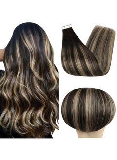 Fshine Full Shine Tape in Human Hair Extensions Blonde Highlighted on Black Hair 18inch Black Ombre Remy Hair Tape in Extensions Seamless Glue on 20Pieces 50Grams  - Image 1