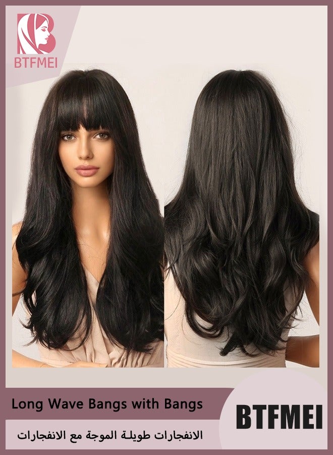 BTFMEI Women's Black Brown Wave Wigs, Black Brown Long Bangs Wigs, Synthetic Long Wave Bangs Wigs, Natural Wave Heat-Resistant Hairstyle Wigs, Suitable for Daily Party Role Play - Image 1