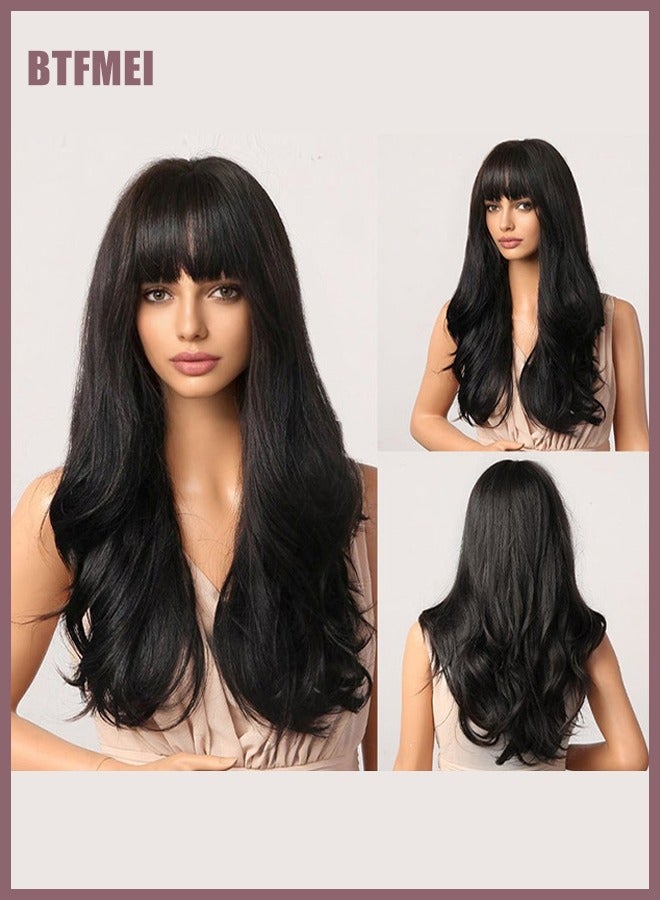 BTFMEI Women's Black Brown Wave Wigs, Black Brown Long Bangs Wigs, Synthetic Long Wave Bangs Wigs, Natural Wave Heat-Resistant Hairstyle Wigs, Suitable for Daily Party Role Play - Image 4