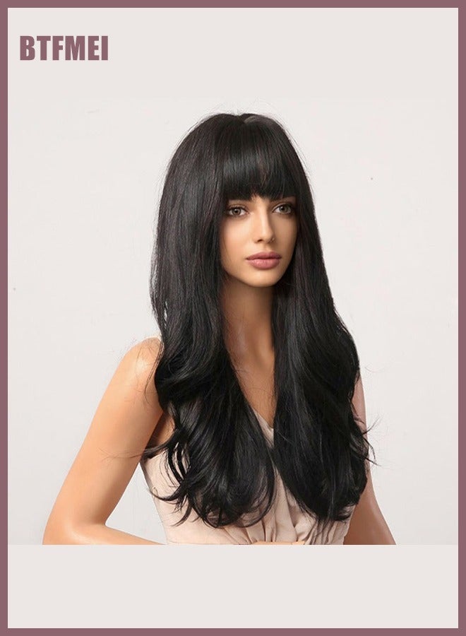 BTFMEI Women's Black Brown Wave Wigs, Black Brown Long Bangs Wigs, Synthetic Long Wave Bangs Wigs, Natural Wave Heat-Resistant Hairstyle Wigs, Suitable for Daily Party Role Play - Image 5