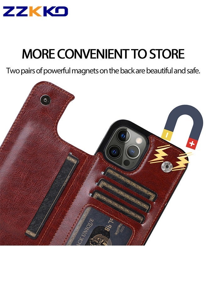 ZZKKO Dark Brown Wallet Phone Case With Multiple Card Slots For Iphone13 Pro,Retro PU Leather Phone Protective Case With Flip Card Holder,Unisex Business Phone Case With Magnetic Buckle - Image 5