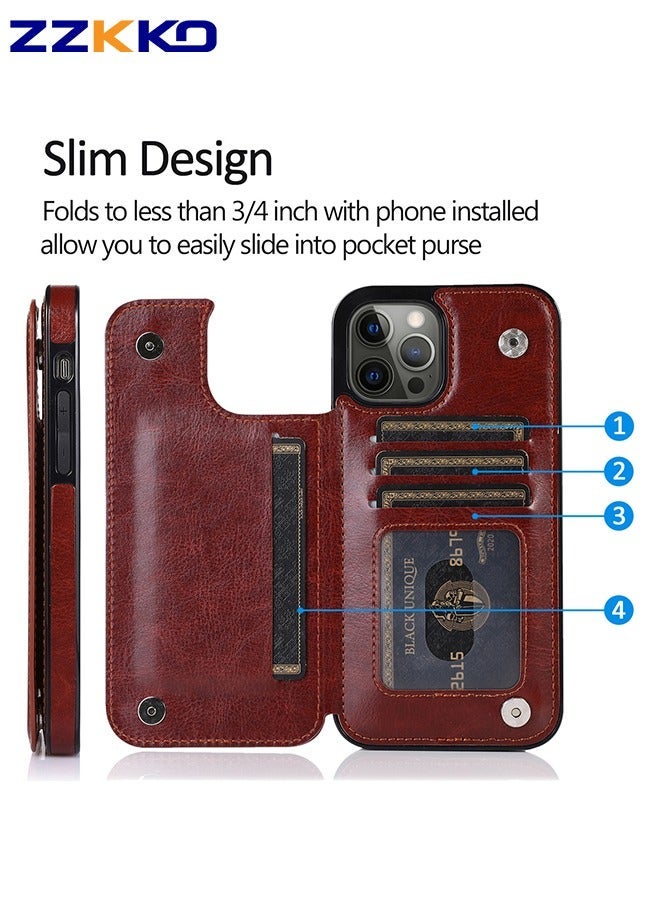 ZZKKO Dark Brown Wallet Phone Case With Multiple Card Slots For Iphone13 Pro,Retro PU Leather Phone Protective Case With Flip Card Holder,Unisex Business Phone Case With Magnetic Buckle - Image 2