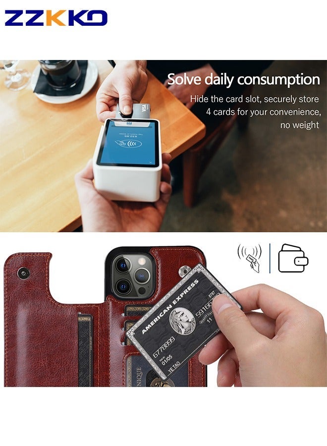 ZZKKO Dark Brown Wallet Phone Case With Multiple Card Slots For Iphone13 Pro,Retro PU Leather Phone Protective Case With Flip Card Holder,Unisex Business Phone Case With Magnetic Buckle - Image 3