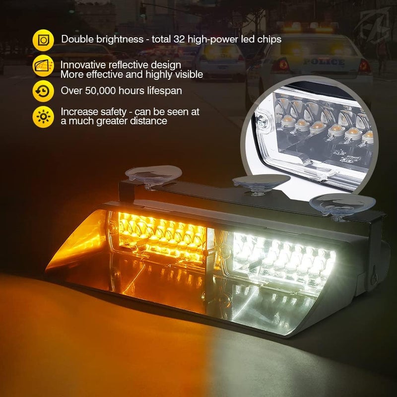 Xprite 2×11 inch High Intensity White Amber 32 LED Emergency Strobe Dash Lights - Image 2