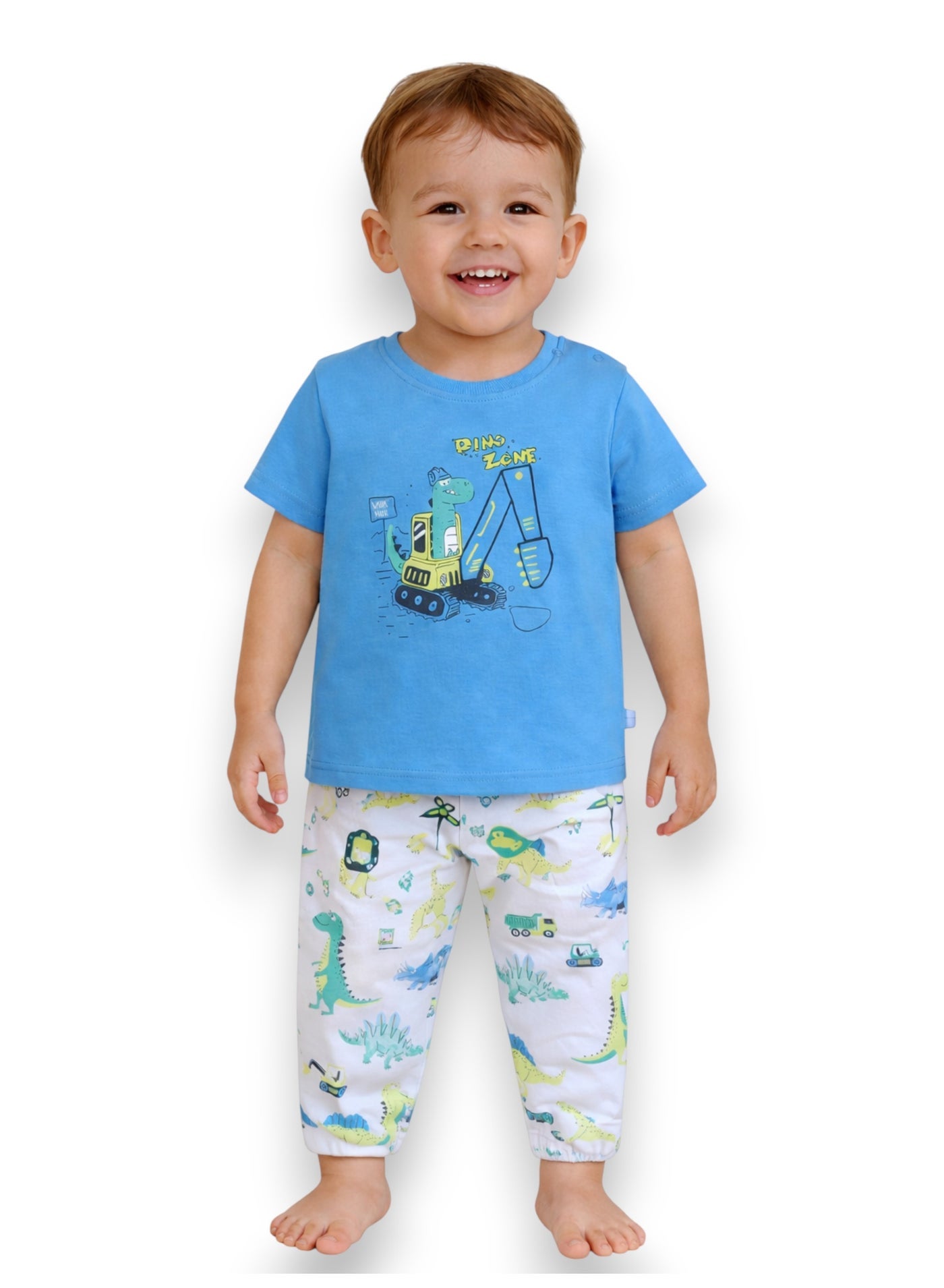 victor and jane Infant Boys Dinosaur Construction Print Cotton Pajama Set – T-Shirt & Pajama Pants Nightwear