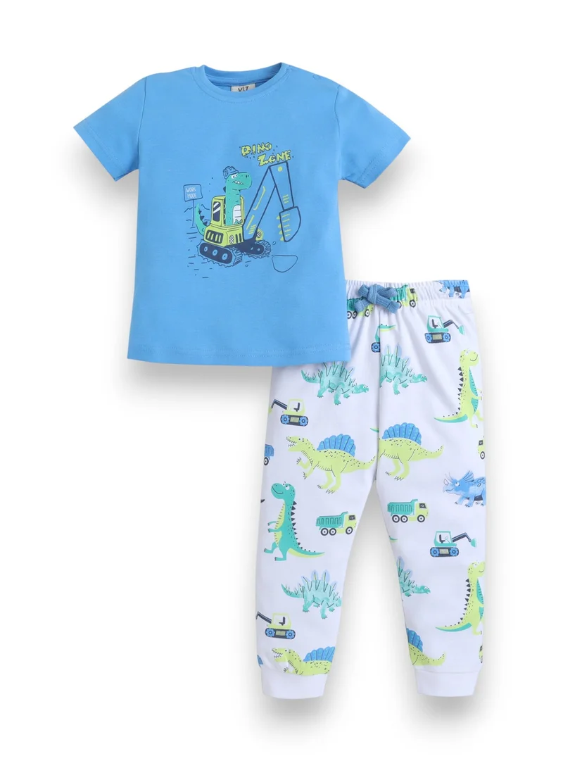 Victor And Jane  Infant Boys Dinosaur Construction Print Cotton Pajama Set – T-Shirt & Pajama Pants Nightwear for Men | Best Price UAE