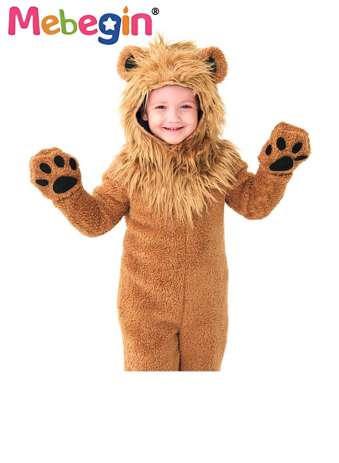 MEBEGIN Kids Lion Costume Set with Headpiece, Gloves, Foot Covers Jumpsuit, Furry Mane, Tail, Paws Roaring Animal Outfit for Boys Girls Birthday Gift, Dress-Up, Birthday Party Yellow Brown - Image 2