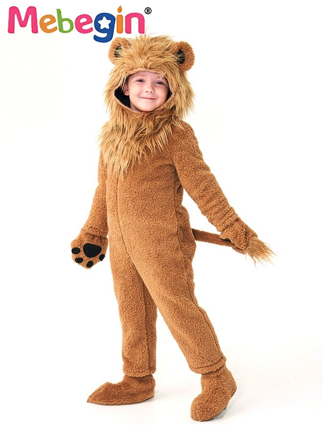 MEBEGIN Kids Lion Costume Set with Headpiece, Gloves, Foot Covers Jumpsuit, Furry Mane, Tail, Paws Roaring Animal Outfit for Boys Girls Birthday Gift, Dress-Up, Birthday Party Yellow Brown - Image 1