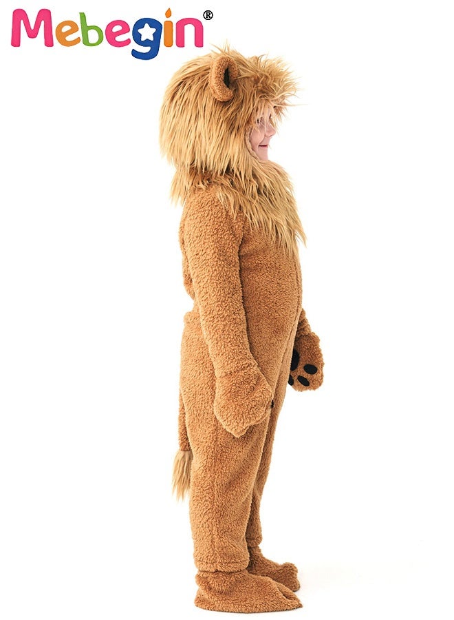 MEBEGIN Kids Lion Costume Set with Headpiece, Gloves, Foot Covers Jumpsuit, Furry Mane, Tail, Paws Roaring Animal Outfit for Boys Girls Birthday Gift, Dress-Up, Birthday Party Yellow Brown - Image 4
