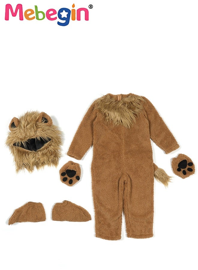 MEBEGIN Kids Lion Costume Set with Headpiece, Gloves, Foot Covers Jumpsuit, Furry Mane, Tail, Paws Roaring Animal Outfit for Boys Girls Birthday Gift, Dress-Up, Birthday Party Yellow Brown - Image 3