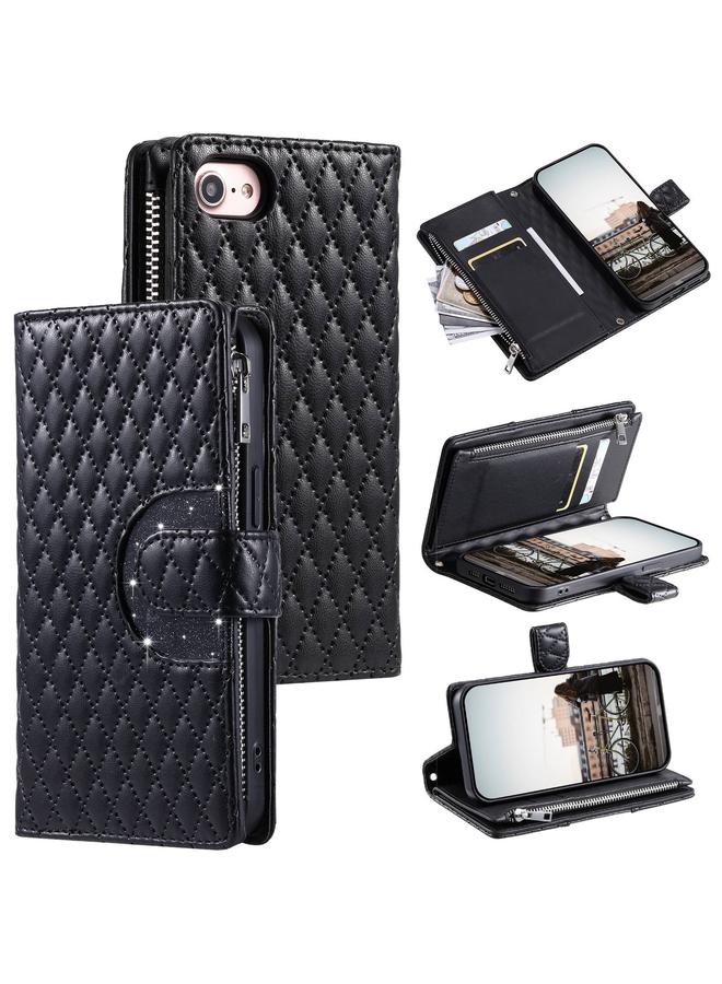 S-TOP Case For iPhone 7 / 8 / SE 2022 Glitter Lattice Zipper Wallet Leather Phone Case - Image 1