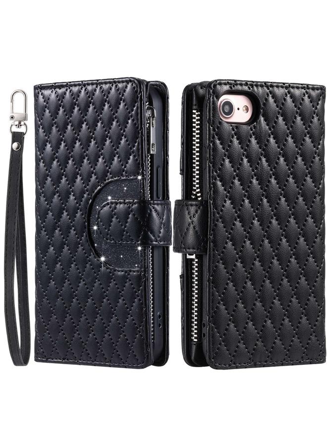 S-TOP Case For iPhone 7 / 8 / SE 2022 Glitter Lattice Zipper Wallet Leather Phone Case - Image 3