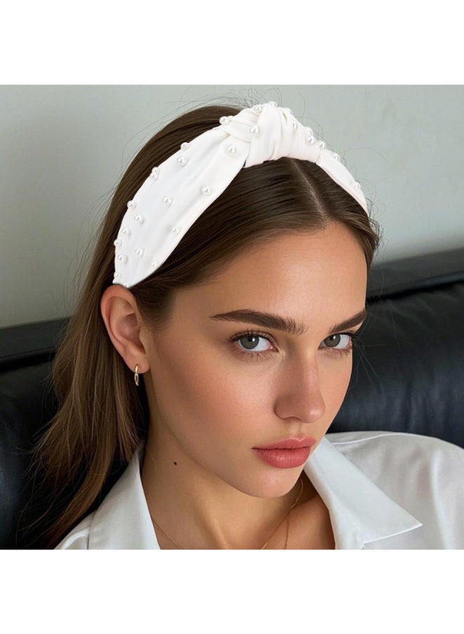 YISSION Pearl Knotted Headband for Women Non Slip Silk Beaded Headbands for women Wide Jeweled Embellished Hairband White Headband Hair Accessories for Women Girls - Image 4