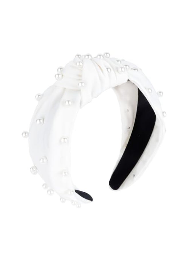 YISSION Pearl Knotted Headband for Women Non Slip Silk Beaded Headbands for women Wide Jeweled Embellished Hairband White Headband Hair Accessories for Women Girls - Image 1