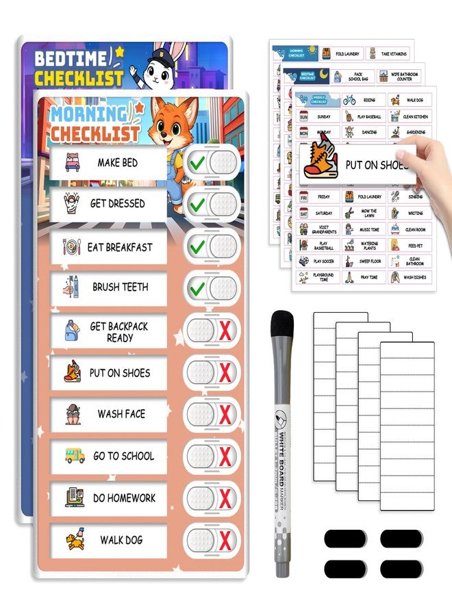 Boxveria 2 in 1 Upgraded Slider Bedtime/Morning Routine Chart for Kids Toddlers, Dry Erase Chore Chart for 2 Kids, Magnetic Visual Schedule for Kid - Image 1