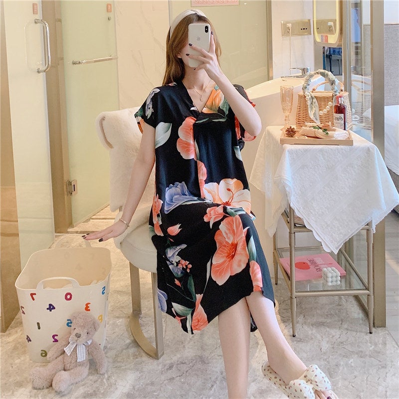 Cotton Silk Nightdress Women'S Short-Sleeved Cartoon Printed Pajamas Korean Style Plus Size Loose Cotton Silk Home Wear Thin - Image 1