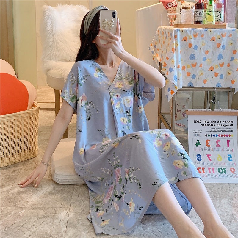 Cotton Silk Nightdress Women'S Short-Sleeved Cartoon Printed Pajamas Korean Style Plus Size Loose Cotton Silk Home Wear Thin - Image 5
