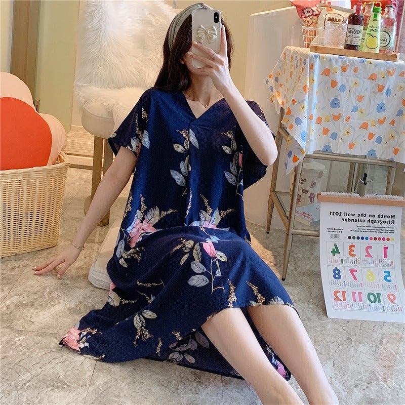 Cotton Silk Nightdress Women'S Short-Sleeved Cartoon Printed Pajamas Korean Style Plus Size Loose Cotton Silk Home Wear Thin - Image 4