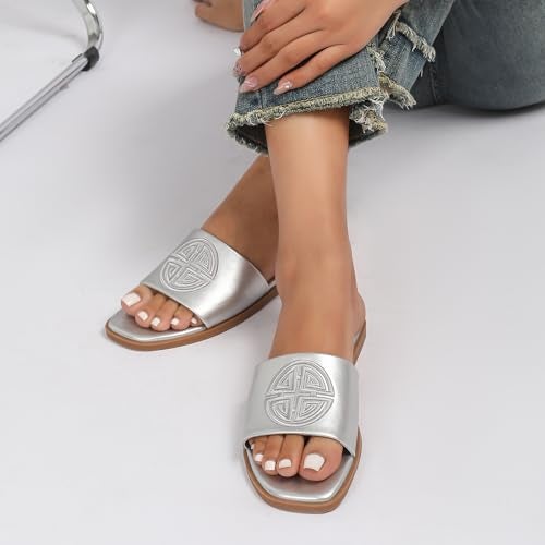Stratuxx Kaze Womens Flat Sandals Dressy Summer Slide with Memory Foam Comfortable Cute Leather Silver Sandals for Women - Image 3
