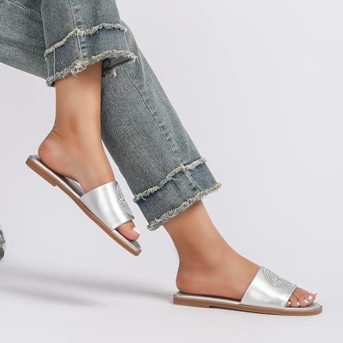 Stratuxx Kaze Womens Flat Sandals Dressy Summer Slide with Memory Foam Comfortable Cute Leather Silver Sandals for Women - Image 4