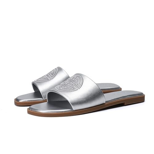 Stratuxx Kaze Womens Flat Sandals Dressy Summer Slide with Memory Foam Comfortable Cute Leather Silver Sandals for Women - Image 2