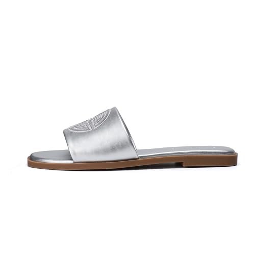 Stratuxx Kaze Womens Flat Sandals Dressy Summer Slide with Memory Foam Comfortable Cute Leather Silver Sandals for Women - Image 5