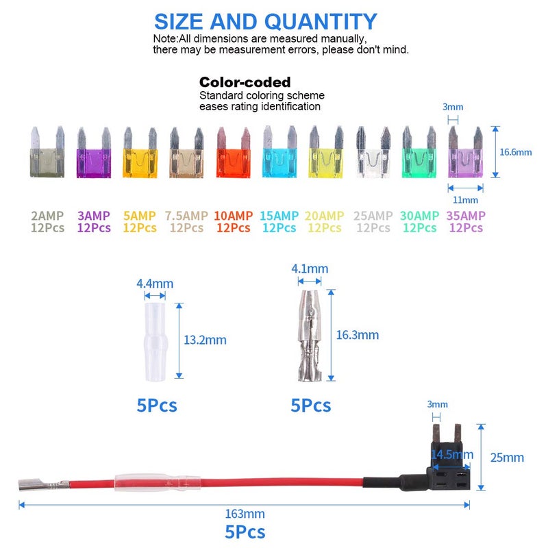 Glarks 12V 5 Pack Car Add-A-Circuit Fuse TAP Adapter Mini ATM APM Blade Fuse Holder with 120Pcs 2A 3A 5A 7.5 A 10A 15A 20A 25A 30A 35A Fuse Set, Total 130Pcs - Image 2