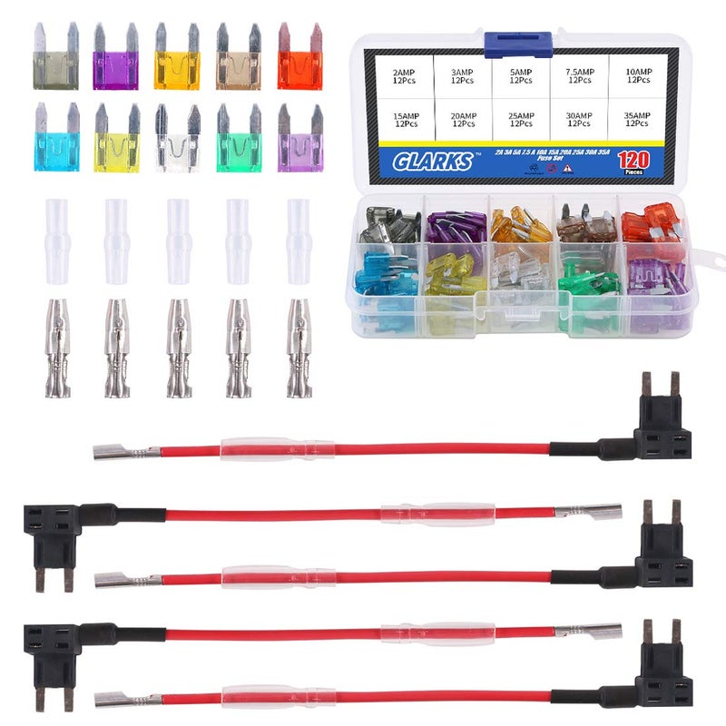 Glarks 12V 5 Pack Car Add-A-Circuit Fuse TAP Adapter Mini ATM APM Blade Fuse Holder with 120Pcs 2A 3A 5A 7.5 A 10A 15A 20A 25A 30A 35A Fuse Set, Total 130Pcs - Image 1