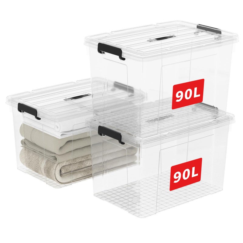 Cetomo 90L3 Storage Boxes Carry Plastic Storage Box with Lids Organizing Container with Handle and Secure Latching Buckles Stackable Nestable Tote Bin for Home Office Clothes 90L3Pack Clear