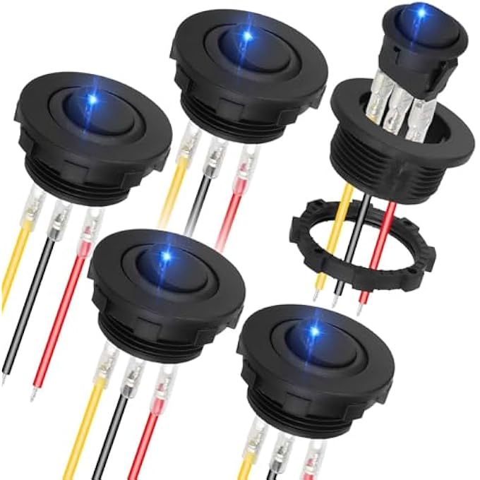 Linkstyle 5 Pack Upgraded Round Rocker Toggle Switch 12V 3 Pin Spst Prewired On Off Rocker Toggle Switch With Shell And Blue Led Light For Car Truck Boat Marine OffRoad Vehicle - Image 1